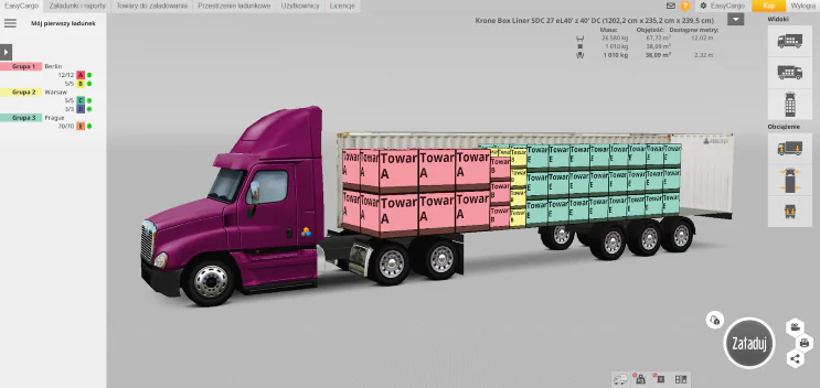 Zoptymalizowany układ załadunku ciężarówki stworzony za pomocą oprogramowania do planowania załadunku EasyCargo Wizualizacja 3D zoptymalizowanego załadunku ciężarówki pokazująca różne grupy ładunku ułożone za pomocą EasyCargo