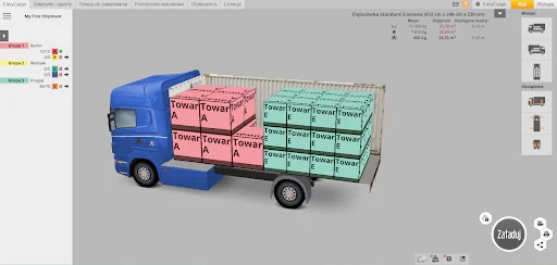 Załadunek grup priorytetowych - ładunek oznaczony kolorami dla efektywnych dostaw wieloprzystankowych Plan załadunku 3D EasyCargo pokazujący przedmioty ładunkowe oznaczone kolorami według grup priorytetowych dla przesyłek wielopunktowych, ułatwiający strategię załadunku ostatni-wchodzi, pierwszy-wychodzi.