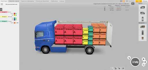 Załadunek grup priorytetowych - ładunek oznaczony kolorami dla efektywnych dostaw wieloprzystankowych Plan załadunku 3D EasyCargo pokazujący przedmioty ładunkowe oznaczone kolorami według grup priorytetowych dla przesyłek wielopunktowych, ułatwiający strategię załadunku ostatni-wchodzi, pierwszy-wychodzi.