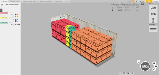 Konfiguracja grup priorytetowych w EasyCargo dla zoptymalizowanego załadunku kontenera Plan załadunku kontenera EasyCargo pokazujący oddzielone grupy priorytetowe za pomocą funkcji niewidzialnej ściany