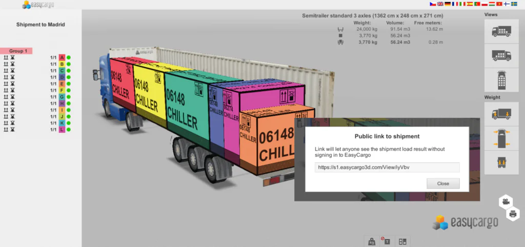 Generating the Public link to shipment in EasyCargo loading calculator