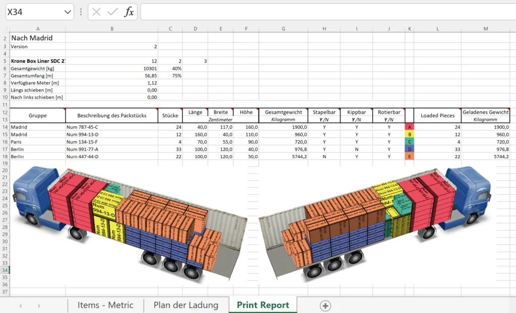 Druckbericht im Excel-Format in EasyCargo