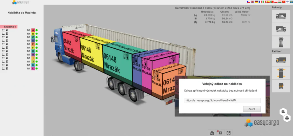 Vytváření veřejného odkazu na nakládku v EasyCargu, software pro plánování nakládek