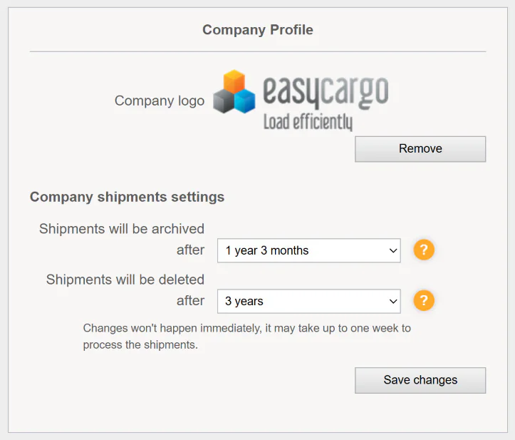 Setting up a company logo in EasyCargo Company logo setup in EasyCargo showing company profile with uploaded logo in load planning software
