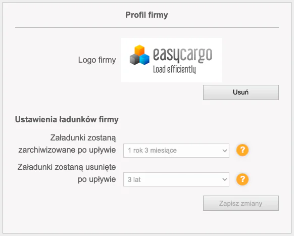 Konfiguracja logo firmy w EasyCargo - profil firmy z&nbsp;przesłanym logo w oprogramowaniu do&nbsp;planowania załadunku
