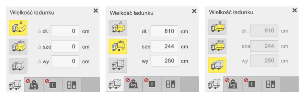 Opcje dostosowania układu wielkości ładunku w programie EasyCargo