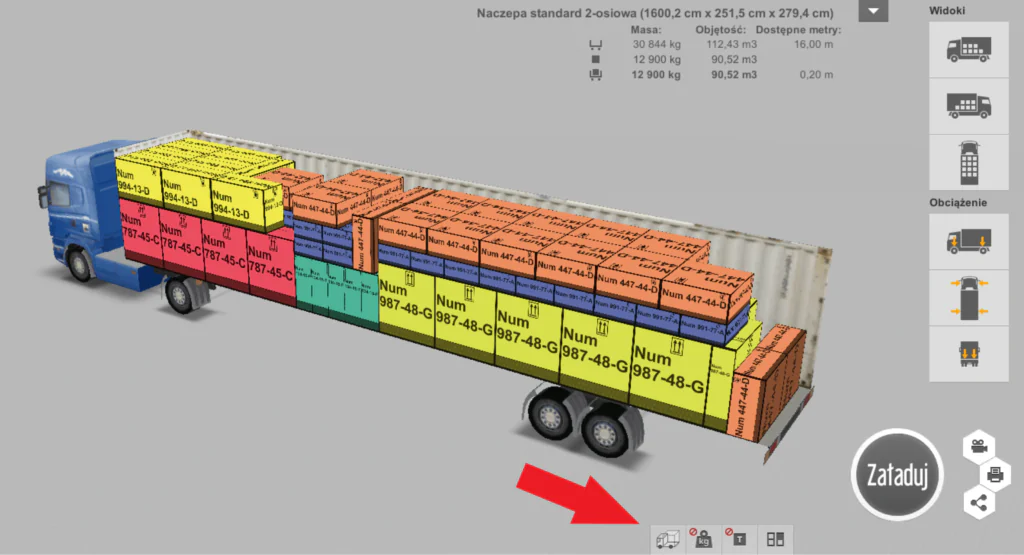 Miejsce, gdzie dostaniesz się do edycji rozkładu przestrzeni ładunkowej w programie optymalizacji ładunku EasyCargo