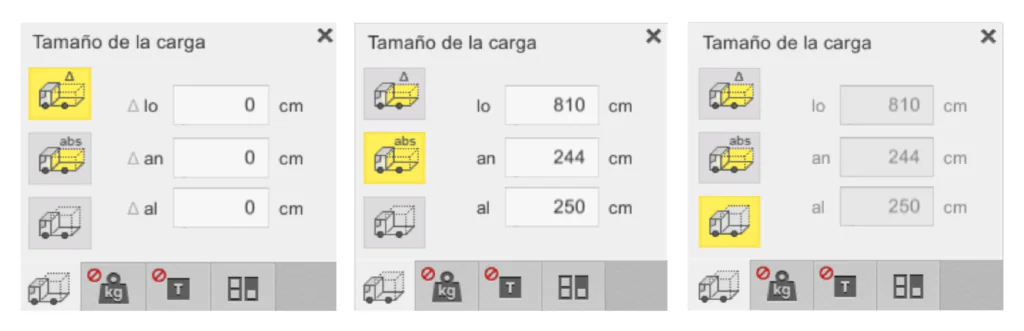 Opciones para ajustar la disposición del tamaño de carga en la calculadora de optimización de carga EasyCargo