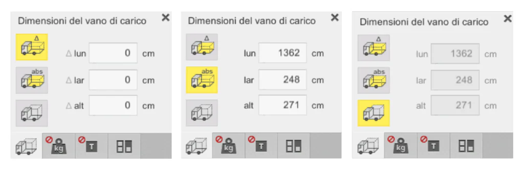 Funzioni di modifica delle dimensioni del vano di carico nell’ottimizzatore di carico EasyCargo