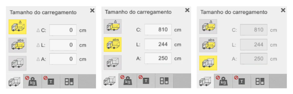 Opções para ajustar a disposição do tamanho de carga na aplicação EasyCargo para otimização do carregamento de carga