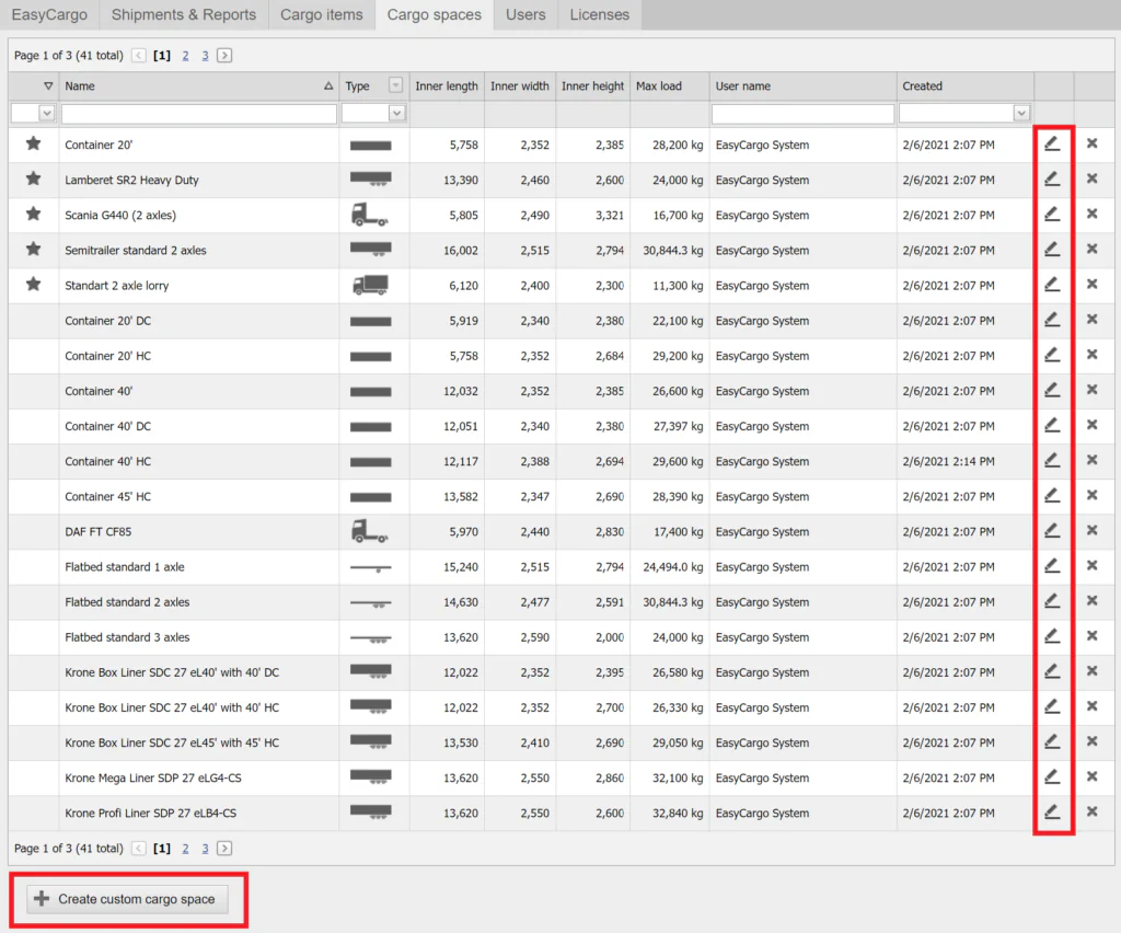 Adjusting a cargo space or adding a new one in EasyCargo online load optimizing software