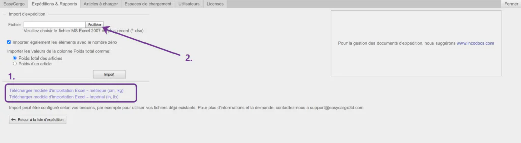 Importer les éléments depuis un fichier MS Excel dans EasyCargo
