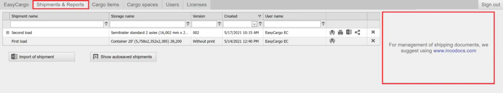 Partnership with IncoDocs in the EasyCargo app under the Shipment & Reports tab