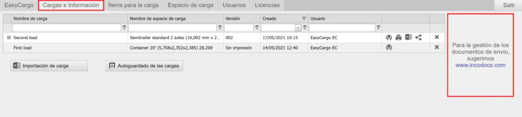 Alianza con IncoDocs en la aplicación de EasyCargo bajo la pestaña de Cargas e Información
