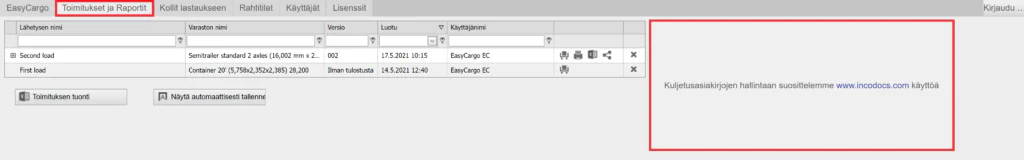 IncoDocs-kumppanuus EasyCargo-sovelluksen välilehdellä Toimitukset ja Raportit