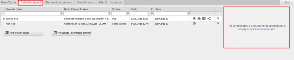 Partnership con IncoDocs nell’app EasyCargo sulla scheda Carichi e report