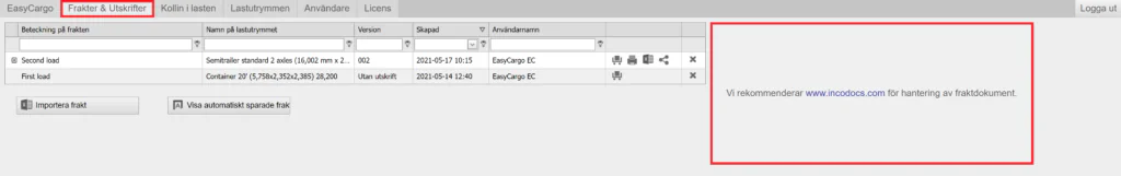 Partnerskap med IncoDocs i appen EasyCargo på fliken Frakter & Utskrifter