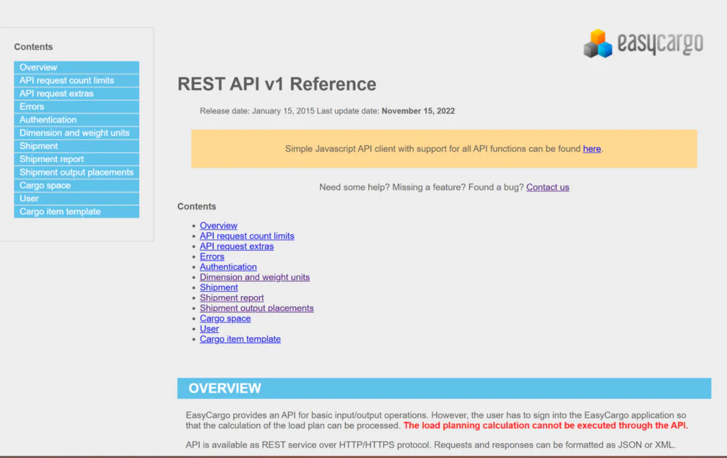 API documentation in EasyCargo truck loading software