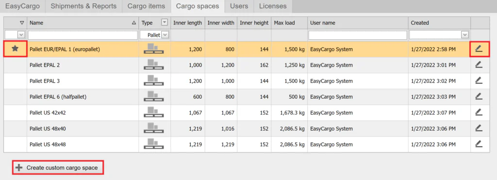 Pallet as a cargo space in EasyCargo loading software