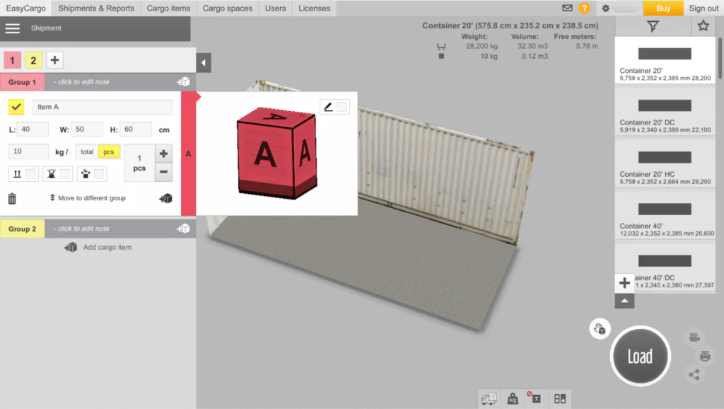 The EasyCargo app interface, with option to&nbsp;input the dimensions of the items