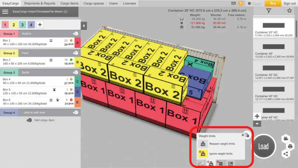 The EasyCargo app interface and the option to&nbsp;set weight limit checks