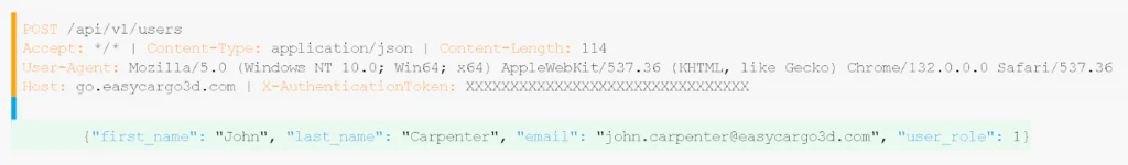 La richiesta API in ReqBin mostra come impostare un utente in EasyCargo.