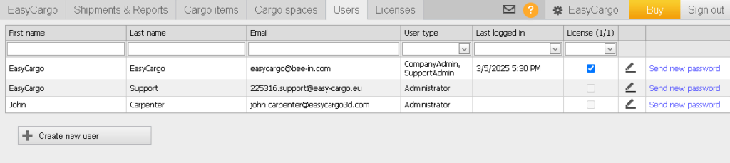Come appare un utente creato tramite richiesta API nel software EasyCargo