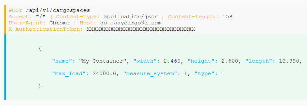 La richiesta API in ReqBin mostra come definire i vani di carico per l'ottimizzazione in EasyCargo.