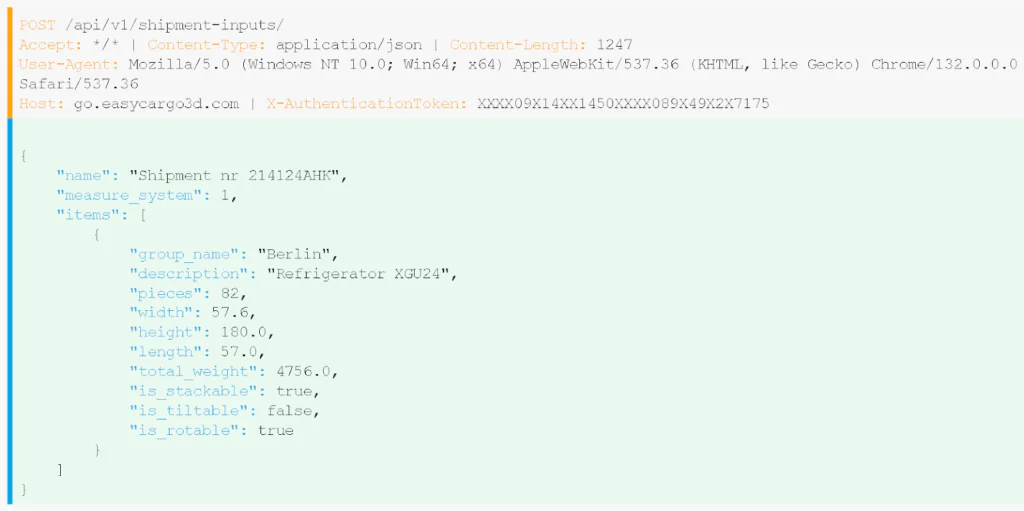 Richiesta API in ReqBin che mostra come gestire gli articoli da caricare in EasyCargo