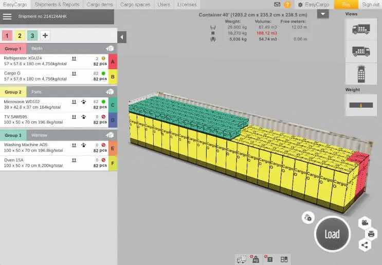 Come si presenta la creazione di un piano di carico efficiente tramite una richiesta API nel software EasyCargo