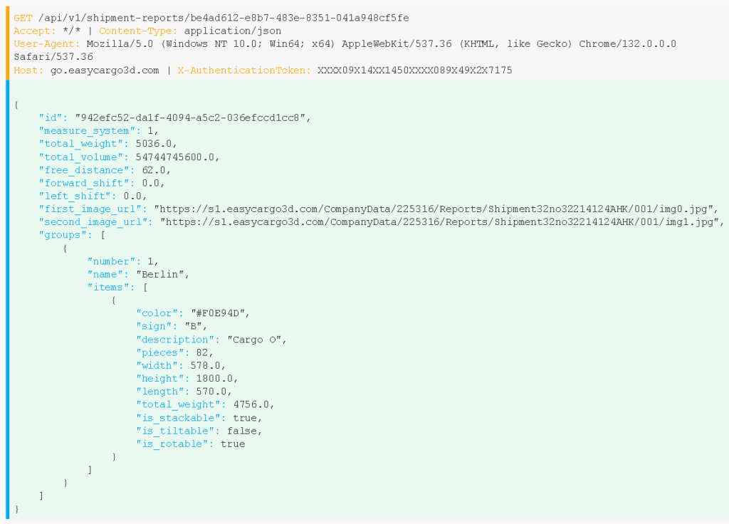 La richiesta API in ReqBin mostra come creare un rapporto di carico ottimizzato in EasyCargo.