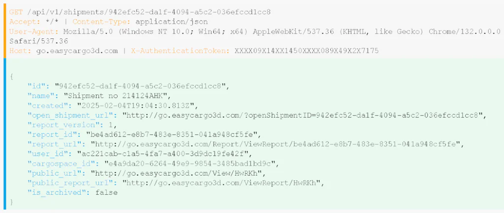 Come appare il link pubblico di un piano di carico creato tramite richiesta API