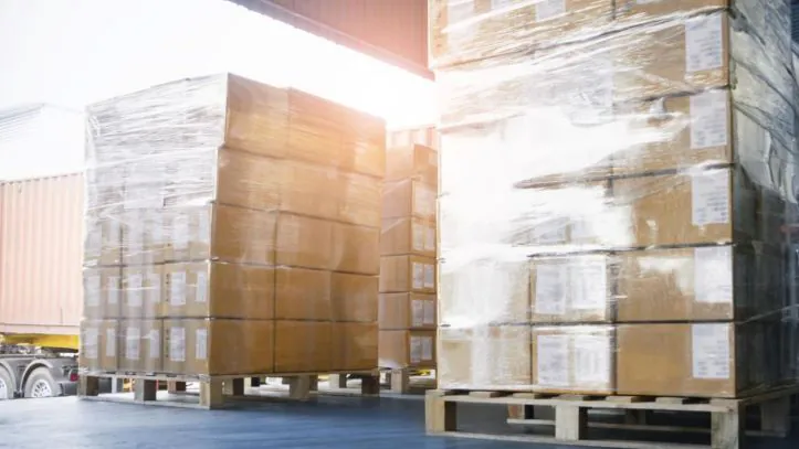 A view from inside a shipping container showing palletized goods wrapped in plastic, ready for transport.
