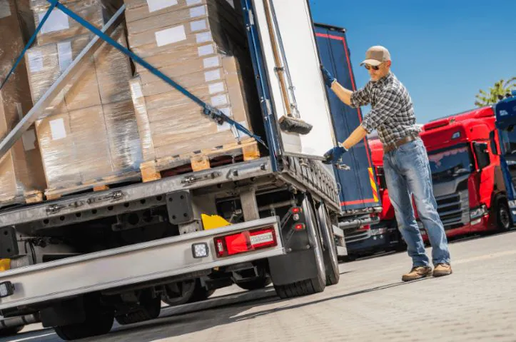 Worker closing the door of a fully loaded truck after completing the cargo loading process