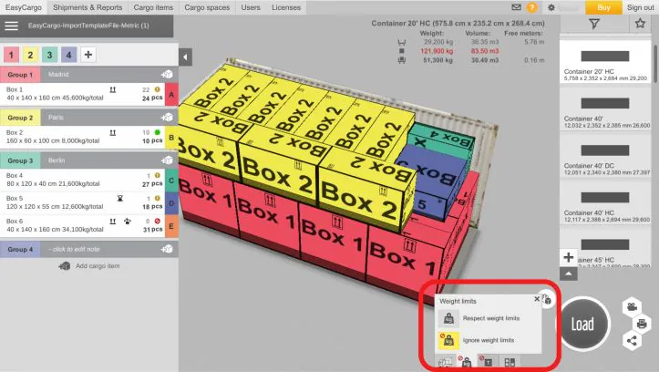 The EasyCargo app interface and the option to respect or ignore weight limits of the cargo space