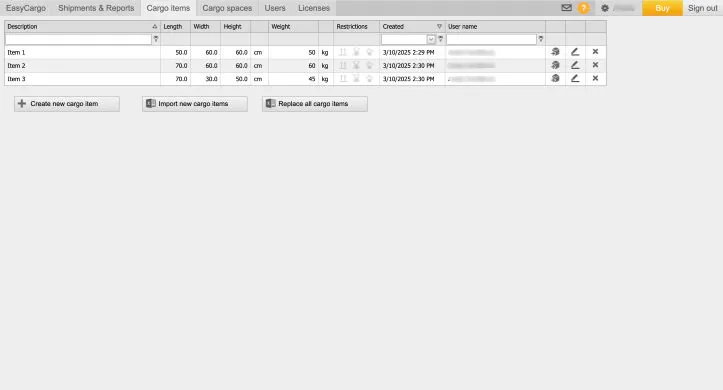 The EasyCargo app interface and the option to create new cargo items