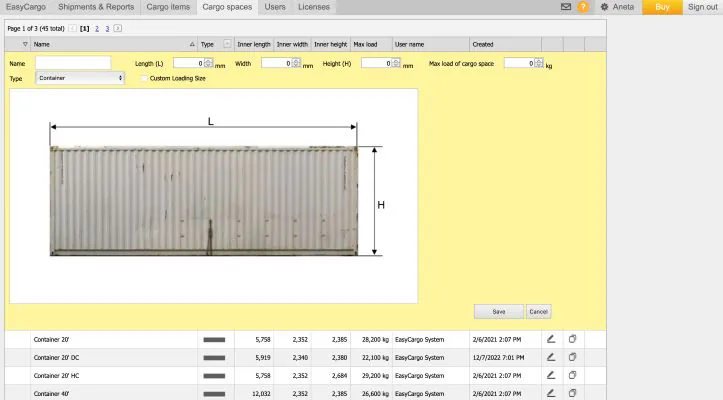 The feature of creating a custom cargo space in the EasyCargo app