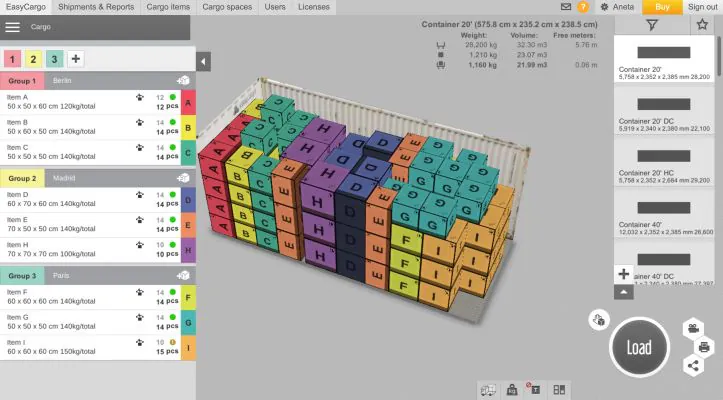 The EasyCargo app interface and a fully loaded container