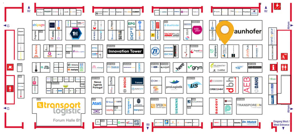 Hallenplan der Transport Logistic 2025 mit Hervorhebung des EasyCargo-Stands in Halle B1, Stand 407/508