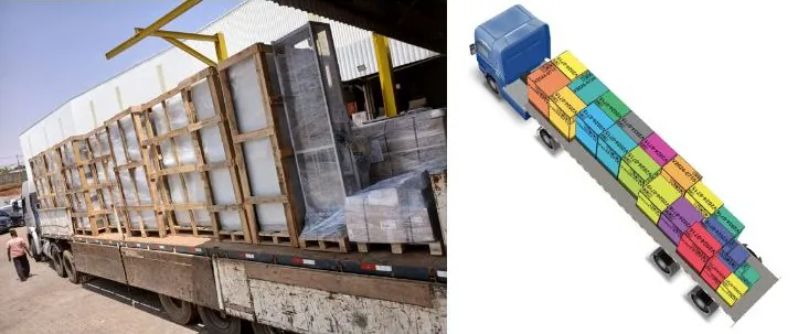 Side-by-side comparison showing a digital truck load plan created in EasyCargo and the corresponding real-life truck load executed by Volga Engenharia, enhancing the cargo planning efficiency.