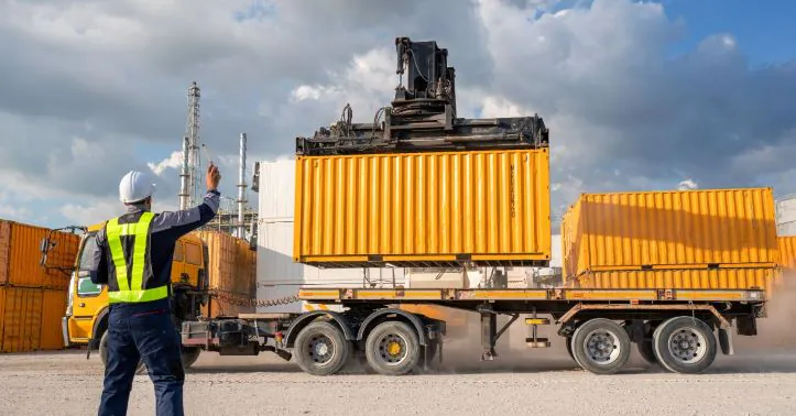A logistics worker oversees LDM-relevant loading of a yellow container onto a trailer using a crane.