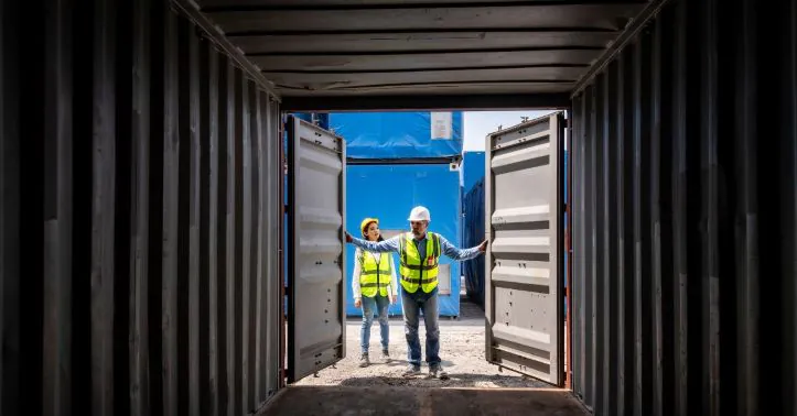 Two logistics professionals inspect the container interior for LDM-based space allocation before loading freight.