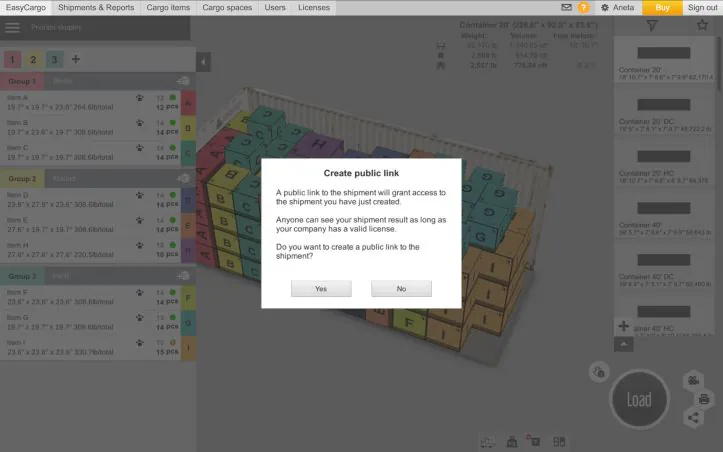 EasyCargo software with the option to create a public link