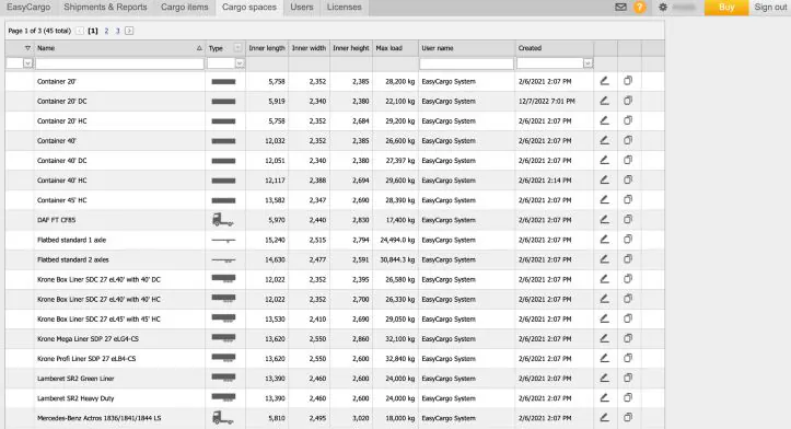 The EasyCargo software with the option to select from 45 cargo spaces
