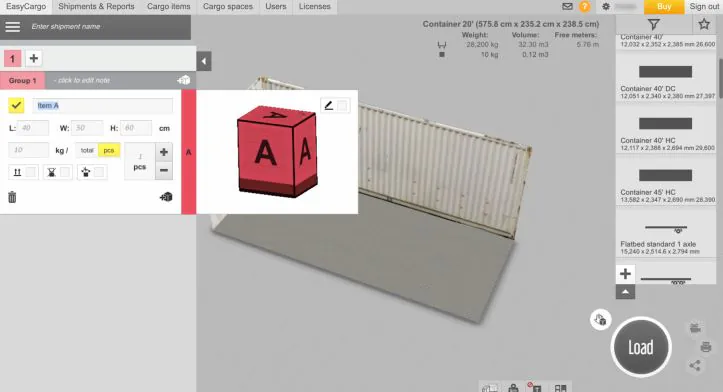 EasyCargo interface showing cargo item dimensions and a 3D preview inside a 20-foot container