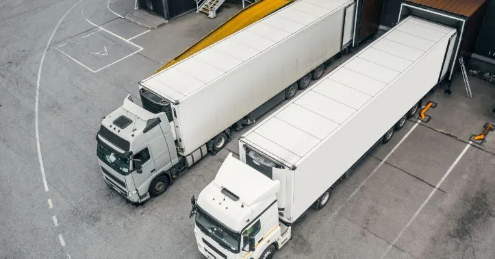 Two trailers parked at a warehouse dock, ready for loading or unloading