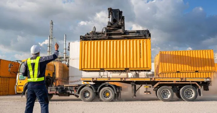 Two yellow containers being carefully loaded onto a flatbed trailer