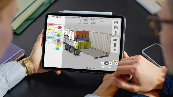 Animación de carga paso a paso que se muestra en la aplicación móvil EasyCargo en la pantalla de una tableta iPad
