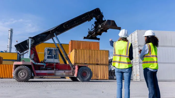 Female logistics workers at a container terminal with stacking equipment in the background
