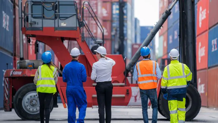 Team of port workers observing container handling machinery in action